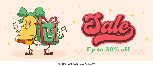 Christmas Groovy Bell Chime and Gift Box Retro Characters. Cartoon Xmas Sale Personage Banner. Vector Winter Holiday Mascot Template Background. Happy Vintage Cool Illustration Isolated