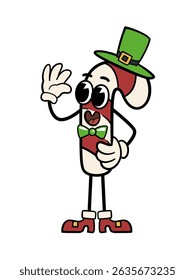Christmas groovy candy cane character with hat and bow. Retro illustration. 