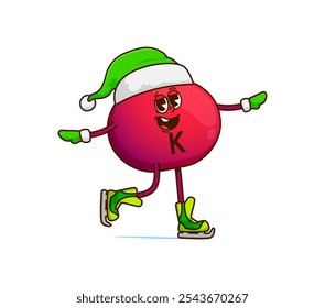 Christmas groovy cartoon vitamin K character on ice skates, vector holiday emoji. Funny groovy vitamin K or micronutrient pill character with happy face on ice skates at rink for Christmas or New Year