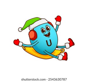 Christmas groovy cartoon vitamin U character riding sledge, vector winter holiday emoji. Funny groovy vitamin U or micronutrient pill riding sled with happy face for Christmas or New Year character