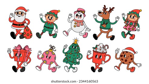 Christmas groovy character. Cartoon retro 30-s Xmas and New Year dynamic holiday characters. 70s vintage style Santa Claus with funny elves, cute snowman, deer vector set. Decorated fir tree