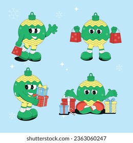 Christmas groovy characters in retro style. New Year's Eve toy for the Christmas tree. Mary Christmas and happy New Year. Trendy retro coorton vector illustration.