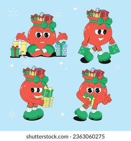 Christmas groovy characters in retro style. New Year's bag of gifts. Mary Christmas and happy New Year. Trendy retro coorton vector illustration.