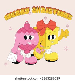 Christmas groovy characters in retro style. New Year's gift. Marry Christmas and happy New Year. Trendy retro coorton vector illustration.

