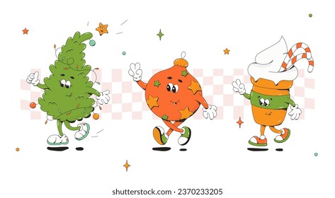 Christmas groovy characters. Tree ball and cup.