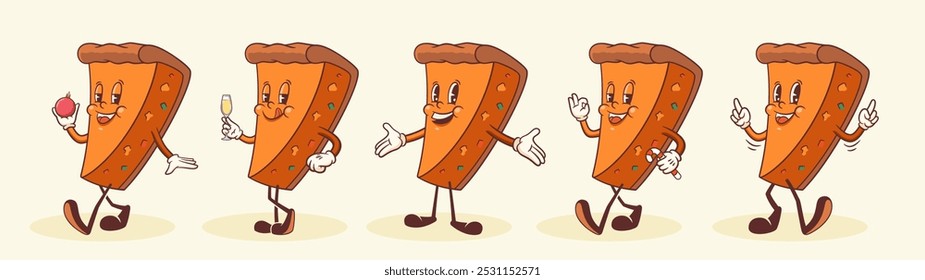 Christmas Groovy Classic Cake Retro Characters Set. Cartoon Xmas Personage Funny Vector Winter Holiday Mascot Templates Collection. Happy Vintage Cool Illustrations Isolated