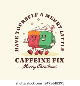 Christmas Groovy Coffee and Cocoa Cupcake Retro Characters. Cartoon Xmas Personage Funny Quote Label. Vector Winter Holiday Mascot Template Background. Happy Vintage Cool Illustration. Isolated