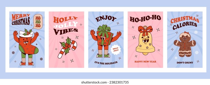 Christmas groovy cool posters. Retro cartoon characters Gingerbread man, xmas sock with gifts, toy bell and striped candy stick. Vibes 70s. Trendy New year greeting cards holly jolly vibes 