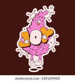 Christmas groovy duotone mascot tree character with letters Joy and garland.