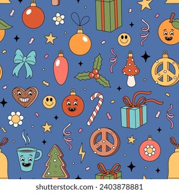 Christmas groovy elements pattern. Groovy Hippie holiday texture with Christmas objects in retro 70s style. Vector hand drawn illustration on dark blue background.