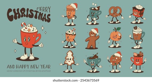 Christmas groovy foods and drinks design with coffee, hot cocoa, cookie, gingerbread, present, christmas tree in trendy retro cartoon style. Mascot Character in old 50s, 60s, 70s Vintage Style