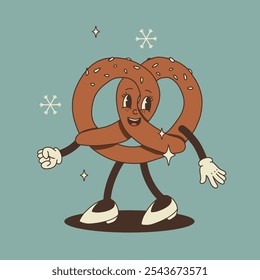 Christmas groovy foods and drinks design with coffee, hot cocoa, cookie, gingerbread, present, christmas tree in trendy retro cartoon style. Mascot Character in old 50s, 60s, 70s Vintage Style