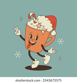 Christmas groovy foods and drinks design with coffee, hot cocoa, cookie, gingerbread, present, christmas tree in trendy retro cartoon style. Mascot Character in old 50s, 60s, 70s Vintage Style