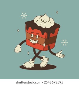 Christmas groovy foods and drinks design with coffee, hot cocoa, cookie, gingerbread, present, christmas tree in trendy retro cartoon style. Mascot Character in old 50s, 60s, 70s Vintage Style