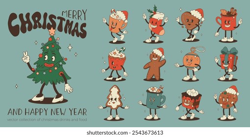 Christmas groovy foods and drinks design with coffee, hot cocoa, cookie, gingerbread, present, christmas tree in trendy retro cartoon style. Mascot Character in old 50s, 60s, 70s Vintage Style