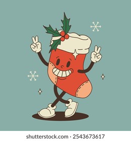 Christmas groovy foods and drinks design with coffee, hot cocoa, cookie, gingerbread, present, christmas tree in trendy retro cartoon style. Mascot Character in old 50s, 60s, 70s Vintage Style