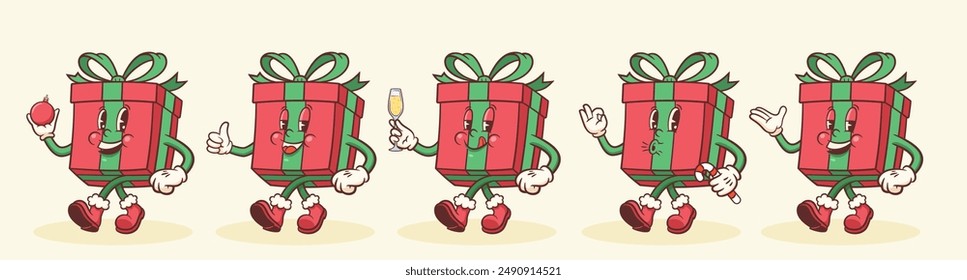 Christmas Groovy Gift Box Retro Characters Set. Cartoon Decorative Personage Collection. Vector Winter Holiday Mascot Templates. Happy Vintage Cool New Year Illustrations. Isolated
