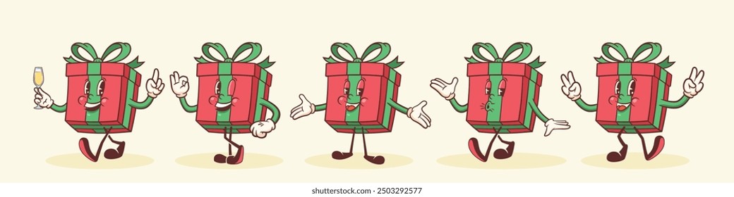 Christmas Groovy Gift Box Retro Characters Set. Cartoon Decorative Personage Collection. Vector Winter Holiday Mascot Templates. Happy Vintage Cool New Year Illustrations. Isolated