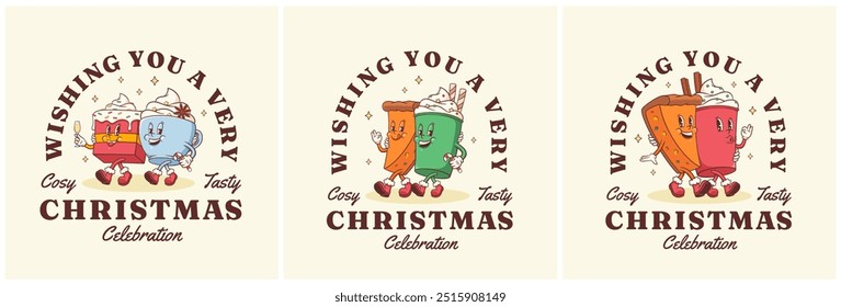 Navidades Groovy Latte Coffee y Classic Pie Cake Retro Characters. Conjunto de etiquetas de cita divertida de personaje de Navidad de dibujos animados. Vector Invierno Festiva Mascota Plantillas. Ilustraciones frescas de Antiguas felices aisladas