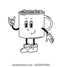 Christmas Groovy line vector mug of cocoa with marshmallows. Hand drawn character in trendy retro style. Merry Christmas and Happy New year