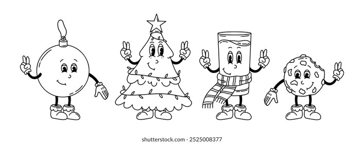Christmas Groovy line vector set. Hand drawn Christmas Tree and ball, glass of Milk, cookie in trendy retro cartoon style. Groovy 70s 60s 50s characters. Merry Christmas and Happy New year