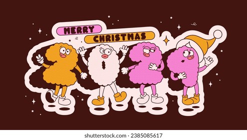 Christmas groovy mascot characters. 2024 happy noel letters on bordo background.