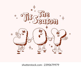 Christmas groovy mascot characters. Joy happy noel Dark red halftone letters.