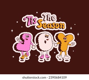 Christmas groovy mascot characters. JOY letters on bordo background.