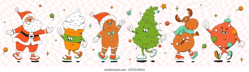 Christmas groovy mascot characters. Santa Claus, cookies, Christmas tree, deer and New Year's ball.