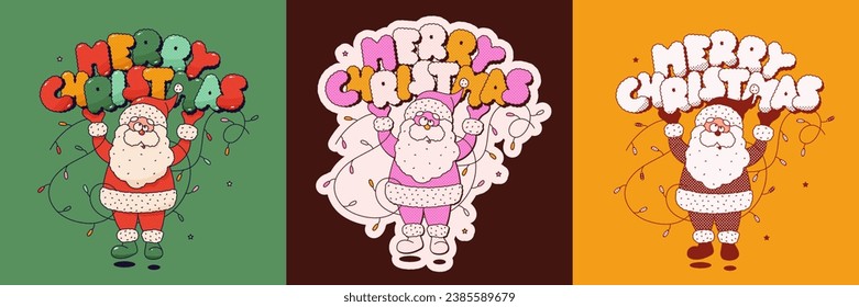 Christmas groovy mascot characters Santa Claus, Noel tree and Ball. Set of three Holiday letters and garland on color background.