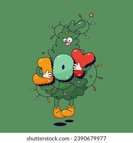 Christmas groovy mascot tree character with letters Joy and garland on green background.