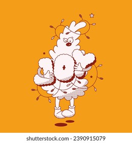Christmas groovy mascot tree character with letters Joy on yellow background.