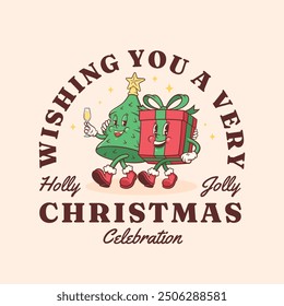 Christmas Groovy Pine Tree Gift Box Retro Characters. Cartoon Xmas Personage Label. Vector Winter Holiday Mascot Template Background. Happy Vintage Cool Illustration. Isolated