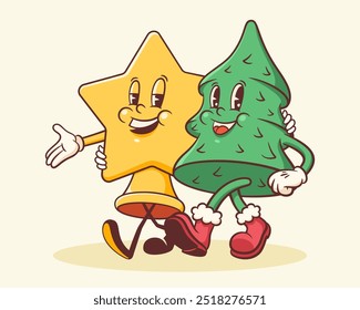 Weihnachten Groovy Pine Tree und Star Retro Zeichen. Cartoon Xmas Personage Illustration. Vektor Winter Holiday Maskottchen Vorlage Hintergrund. Frohes Vintage Cool Drawing. Einzeln
