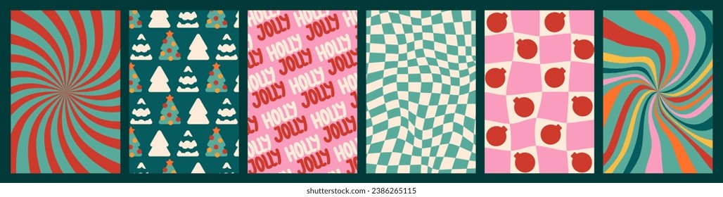 Christmas groovy poster set. Psychedelic distorted pattern collection for banner, greeting card, party, stories. Decorated trees, ornaments, holly jolly. Trendy retro vector illustration