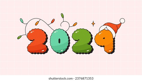 Christmas groovy poster text 2024. Noel hat and garland.