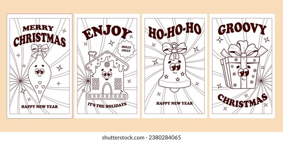 Christmas groovy posters. Retro cartoon characters gingerbread house, tree toys and gift. Vibes 70s. Merry Christmas and Happy New year. Greeting cards outline linear drawing. Kids collection