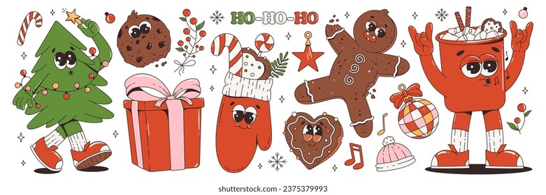 Christmas groovy retro characters and elements. Gingerbread man, cocoa, Christmas tree, gift and more. 60 -70s vibes sticker set. Merry Christmas and Happy New Year.