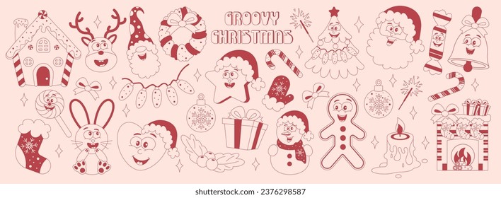 Christmas groovy retro elements in monochrome style. A set of stickers in the style of the 60s-80s. Merry Christmas and Happy New Year.