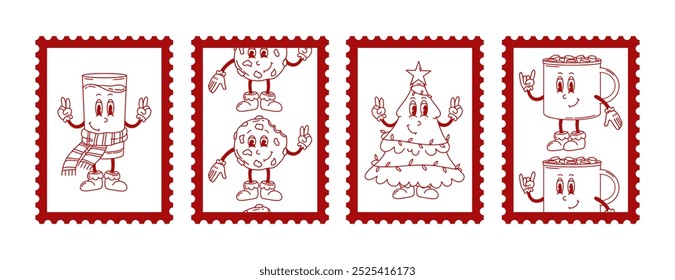 Christmas groovy retro postage stamps. Vector red hand drawn stamps. Merry Christmas and Happy New year. 50s 60s 70s. Christmas tree, mug of cocoa with marshmallows, milk, cookie, rubber hose