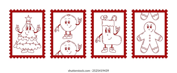 Christmas groovy retro postage stamps. Vector red hand drawn stamps. Merry Christmas and Happy New year. 50s 60s 70s. Christmas tree, rubber hose, stocking, orange, gingerbread man