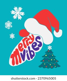 Christmas groovy retro typographic illustration with Christmas tree and silhouette of Santa Clause. Holiday flat composition with text Merry Vibes in Santas beard shape. Good for shirt print, poster