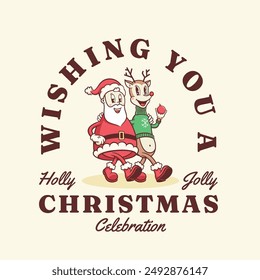Christmas Groovy Santa Claus and Reindeer Retro Characters. Cartoon Xmas Personage Label. Vector Winter Holiday Mascot Template Background Card. Happy Vintage Cool Illustration. Isolated