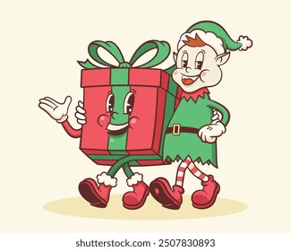 Christmas Groovy Santa Elf and Gift Box Retro Characters. Cartoon Xmas Personage Illustration. Vector Winter Holiday Mascot Template Background. Happy Vintage Cool Drawing. Isolated