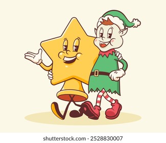 Christmas Groovy Santa Elf and Star Tree Topper Retro Characters. Cartoon Xmas Personage Illustration. Vector Winter Holiday Mascot Template Background. Happy Vintage Cool Drawing Isolated