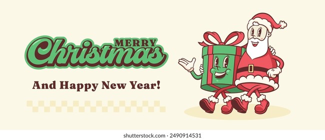 Christmas Groovy Santa and Gift Box Retro Characters. Cartoon Xmas Personage Banner. Vector Winter Holiday Mascot Template Background. Happy Vintage Cool Illustration. Isolated