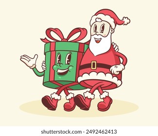 Christmas Groovy Santa and Gift Box Retro Characters. Cartoon Xmas Personage Illustration. Vector Winter Holiday Mascot Template Background. Happy Vintage Cool Drawing. Isolated