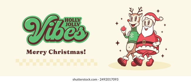 Christmas Groovy Santa and Reindeer Retro Characters. Cartoon Xmas Personage Banner. Vector Winter Holiday Mascot Template Background. Happy Vintage Cool Illustration. Isolated