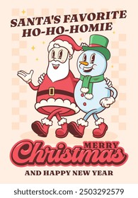 Christmas Groovy Santa and Snowman Retro Characters. Cartoon Xmas Personage Illustration. Vector Winter Holiday Mascot Template Background. Happy Vintage Cool Drawing. Isolated