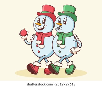 Christmas Groovy Santa Snowman Twins Retro Characters. Cartoon Xmas Personage Illustration. Vector Winter Holiday Mascot Template Background. Happy Vintage Cool Drawing. Isolated